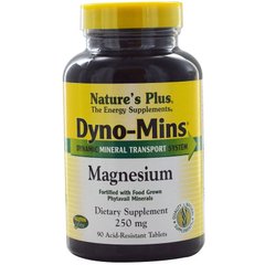 Магний, Magnesium, Nature's Plus, Dyno-Mins, 250 мг, 90 кислотоустойчивых таблеток - фото