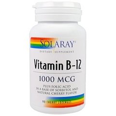 Вітамін В-12, Vitamin B-12, Solaray, смак вишні, 1000 мкг, 90 льодяників - фото