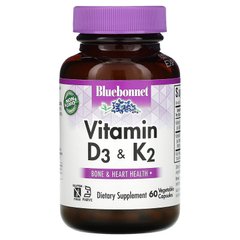 Витамины D3 и K2, Vitamins D3 & K2, Bluebonnet Nutrition, 60 вегетарианских капсул - фото