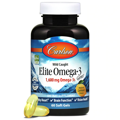 Рыбий жир Омега-3, Elite Omega-3, Carlson Labs, лимон, норвежский, 1600 мг, 60 гелевых капсул - фото