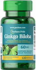 Гинкго билоба, Ginkgo Biloba Standardized Extract, Puritan's Pride, 60 мг, 120 гелевых капсул - фото