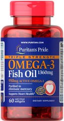 Омега-3 рыбий жир, Omega-3 Fish Oil, Puritan's Pride, 1360 мг (950 мг активного омега-3), 60 капсул - фото
