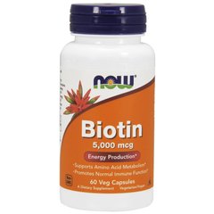 Биотин, Biotin, Now Foods, 5000 мкг, 60 капсул - фото