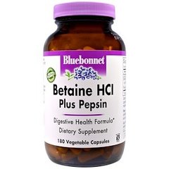 Бетаїн HCl + пепсин, Betaine HCl Plus Pepsin, Bluebonnet Nutrition, 180 рослинних капсул - фото