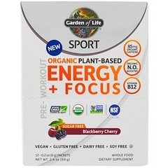 Растительный белок перед тренировкой, Energy + Focus, Garden of Life, Sport, органик, вкус ежевики и вишни, 12 пакетов по 6 г - фото