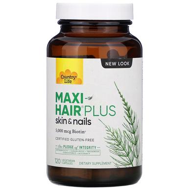 Вітаміни для волосся, Maxi Hair Plus, Country Life, 5000 мкг біотину, 120 капсул - фото