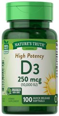 Вітамін D3, Vitamin D3, Nature's Truth, 10000 МО, 100 гелевих капсул - фото