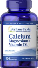 Кальцій, магній плюс вітамін D3, Calcium Magnesium plus Vitamin D, Puritan's Pride, 100 капсул - фото