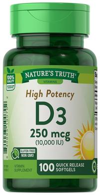 Витамин D3, Vitamin D3, Nature's Truth, 10000 МЕ, 100 гелевых капсул - фото
