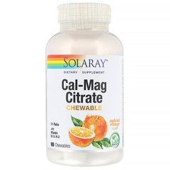 Кальций Магний, цитрат, Cal-Mag Citrate, Solaray, вкус апельсина, 90 жевательных таблеток - фото