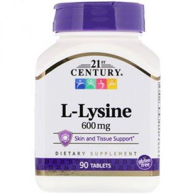 Лизин, L- лизин, L-Lysine, 21st Century, 600 мг, 90 таблеток - фото