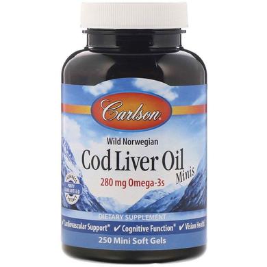 Норвезька риб'ячий жир, Cod Liver Oil, Carlson Labs, 250 міні гелевих капсул - фото