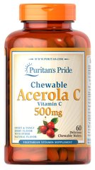 Жевательная ацерола С, Chewable Acerola C, Puritan's Pride, 500 мг, 60 жевательных - фото