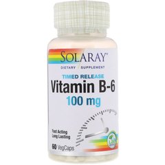 Вітамін В6 (піридоксин), Vitamin B-6, Solaray, 100 мг, 60 капсул - фото
