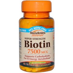 Биотин, Sundown Naturals, 7500 мкг, 75 таблеток - фото