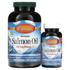 Масло лосося, Salmon Oil, Carlson Labs, норвезьке, 500 мг, 180+50 капсул - фото