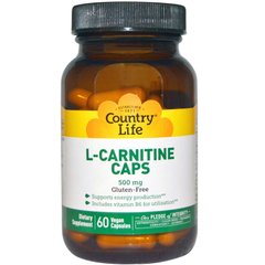 Карнітин тартрат, L-Carnitine, Country Life, 500 мг, 60 капсул - фото