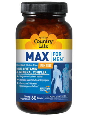 Max for Men, мультивитаминный и минеральный комплекс для мужчин, не содержит железа, Country Life, 60 таблеток - фото