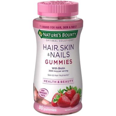 Вітаміни для волосся, шкіри і нігтів, Hair, Skin & Nails Gummies, Nature's Bounty, Optimal Solutions, 80 полуничних цукерок - фото