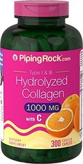 Гидролизованный коллаген тип I и III, Hydrolyzed Collagen Type I & III, Piping Rock, 1000 мг, 300 капсул - фото