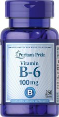Витамин В6, Vitamin B-6 (Pyridoxine Hydrochloride), Puritan's Pride, 100 мг, 250 таблеток - фото