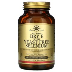 Витамин Е сухой, Vitamin E, Solgar, с селеном без дрожжей, 100 капсул - фото