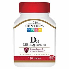 Вітамін Д3, Vitamin D3, 21st Century, 5000 МО, 110 таблеток - фото