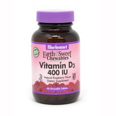 Вітамін D3, Earth Sweet Chewables, Bluebonnet Nutrition, смак малини, 400 МО, 90 жувальних таблеток - фото