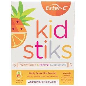 Полівітаміни для дітей (Ester-C Kidstiks), тропічний пунш, American Health, 30 пакетів по 9,2 г - фото