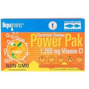 Электролит Stamina, Power Pak, 1200 мг, мандарин, 30 пакетов, по 5, Trace Minerals Research, 2 г - фото