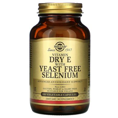 Витамин Е сухой, Vitamin E, Solgar, с селеном без дрожжей, 100 капсул - фото
