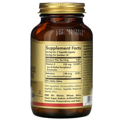 Вітамін Е сухий, Vitamin E, Solgar, з селеном без дріжджів, 100 капсул - фото