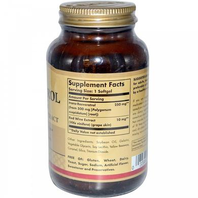 Ресвератрол (Resveratrol), Solgar, 250 мг, 60 капсул - фото