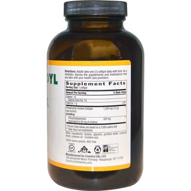 Фосфатидилхолин, Phosphatidyl Choline, Country Life, комплекс, 1200 мг, 200 капсул - фото