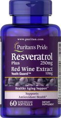 Ресвератрол, Resveratrol, Puritan's Pride, 250 мг, 60 гелевых капсул - фото