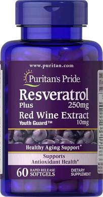 Ресвератрол, Resveratrol, Puritan's Pride, 250 мг, 60 гелевих капсул - фото