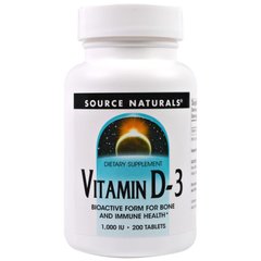 Вітамін D3 (холекальциферол), Vitamin D-3, Source Naturals, 1000 МО, 200 таблеток - фото