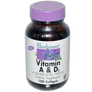 Витамины А и Д3, Vitamin A & D3, Bluebonnet Nutrition, 100 капсул - фото