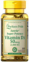 Витамин Д3, Vitamin D3, Puritan's Pride, 2000 МЕ, 100 капсул - фото