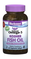 Натуральная Омега-3 из кошерного рыбьего жира, Bluebonnet Nutrition, 60 желатиновых капсул - фото