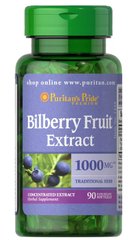 Черника, Bilberry 4:1 Extract, Puritans Pride, 1000 мг, 90 гелевых капсул - фото