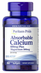 Кальций плюс магний, Absorbable Calcium plus Magnesium, Puritan's Pride, 600 мг/300 мг, 60 гелевых капсул - фото