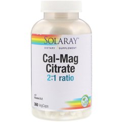 Кальцій і магній + вітамін Д, Cal-Mag Citrate 2:1, Solaray, 360 капсул - фото