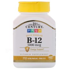 Витамин В12, Vitamin B-12, 21st Century, 5000 мкг, 110 таблеток - фото