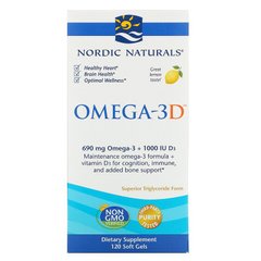 Риб'ячий жир омега-Д3 (лимон), Omega-3D, Nordic Naturals, 1000 мг, 120 капсул - фото