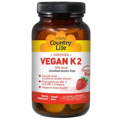 Витамин К2 (Vegan K2), Country Life, клубника, 500 мкг, 60 таблеток - фото