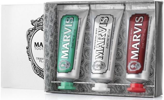 Подарочный набор с зубными пастами трех вкусов (Классическая, Отбеливающая, Корица), Travel With Flavour, Marvis - фото