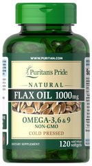 Натуральне лляна олія без ГМО, Non-GMO Natural Flax Oil, Puritan's Pride 1000 мг, 120 капсул - фото