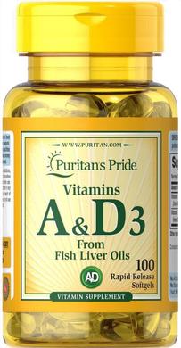 Витамины А и Д, Vitamin A & D, Puritan's Pride, 5000/400 МЕ, 100 капсул - фото