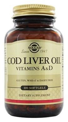 Вітамін А і Д з печінки норвезької тріски, Vitamin А and D Cod Liver Oil, Solgar, 100 капсул - фото